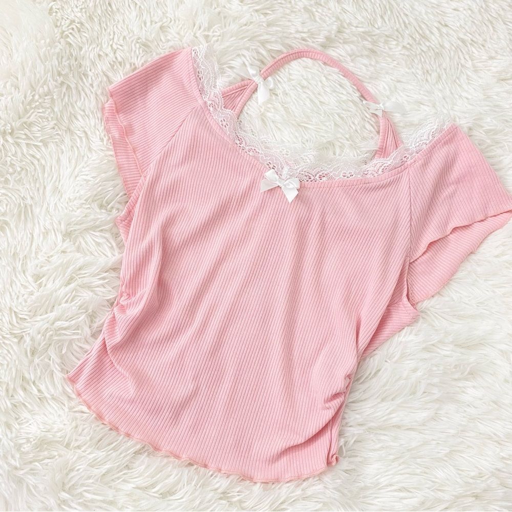 Pink & White Lace Bow Top